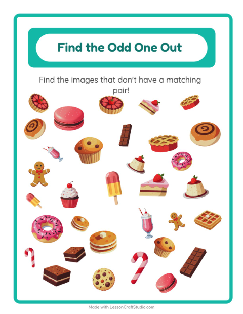 Preview of Find Objects worksheet featuring Desserts and Sweets for kindergarten
