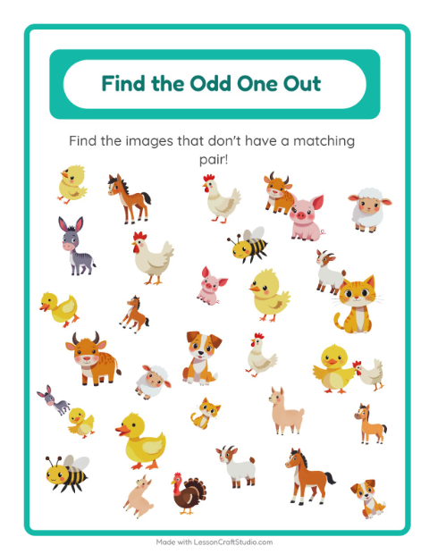 Preview of Find Objects worksheet featuring Farm Animals for kindergarten