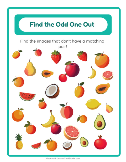 Preview of Find Objects worksheet featuring Fruits for kindergarten