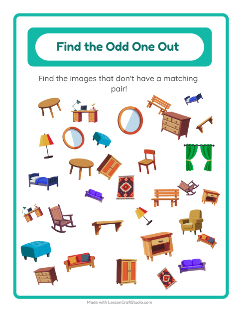 Preview of Find Objects worksheet featuring Furniture for kindergarten