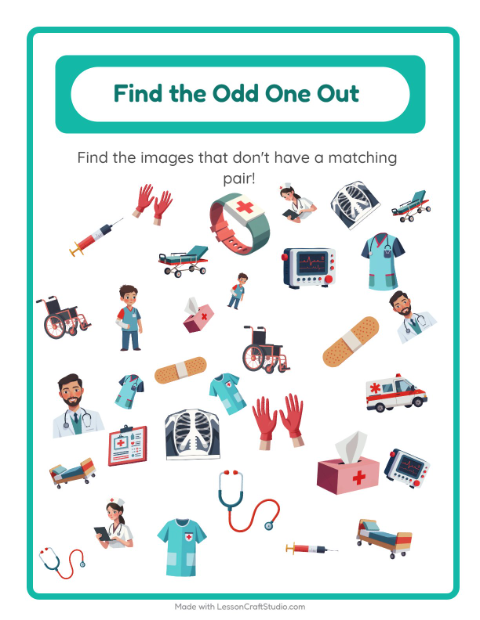 Preview of Find Objects worksheet featuring Hospital for kindergarten