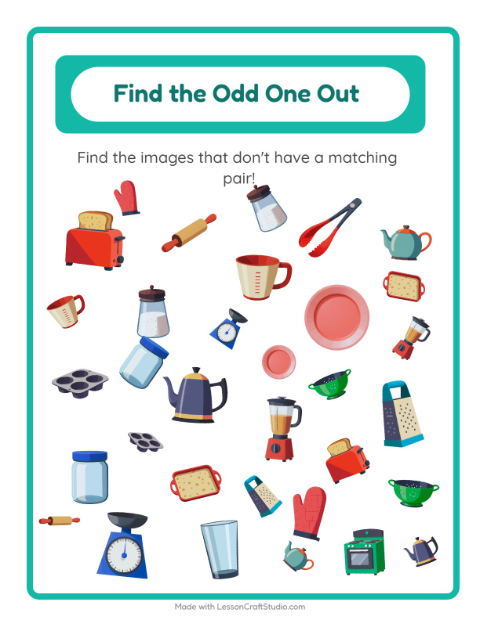Preview of Find Objects worksheet featuring Kitchen Tools for kindergarten