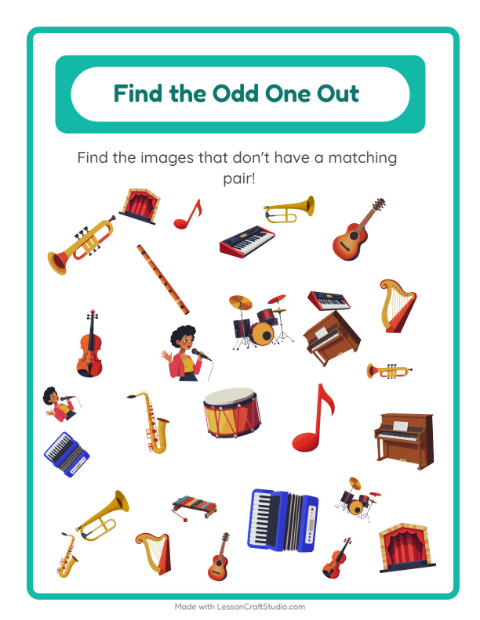 Preview of Find Objects worksheet featuring Music for kindergarten