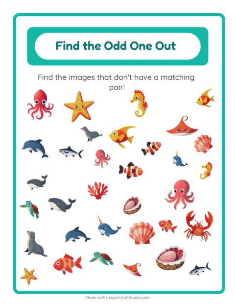 Preview of Find Objects worksheet featuring Ocean Life for kindergarten