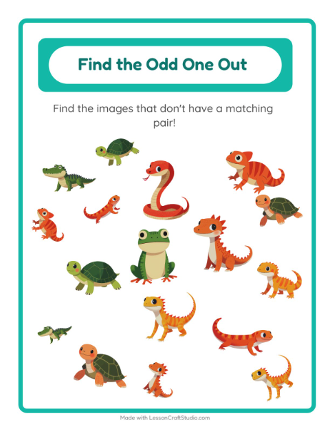 Preview of Find Objects worksheet featuring Reptiles and Amphibians for kindergarten