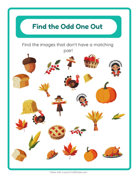 Preview of Find Objects worksheet featuring Thanksgiving for kindergarten