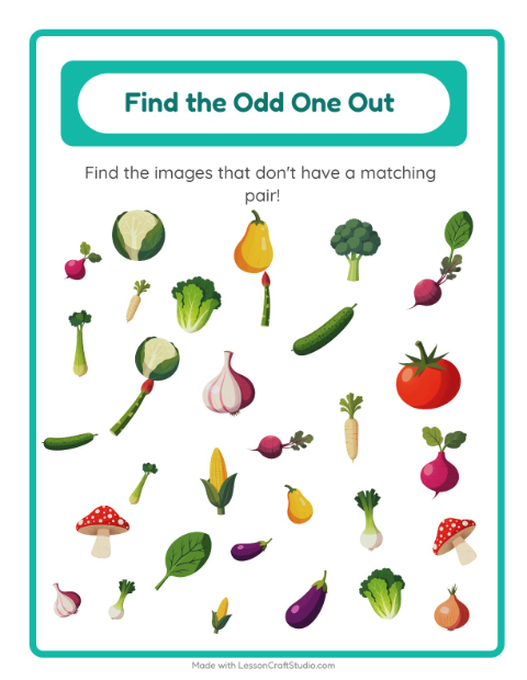 Preview of Find Objects worksheet featuring Vegetables for kindergarten