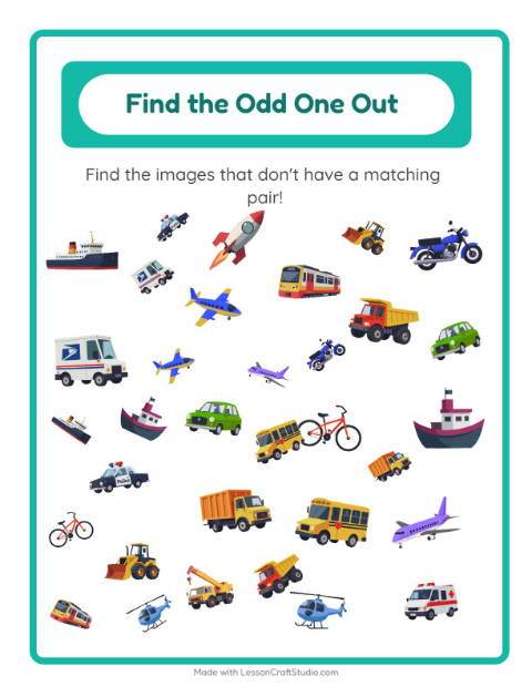 Preview of Find Objects worksheet featuring Vehicles for kindergarten