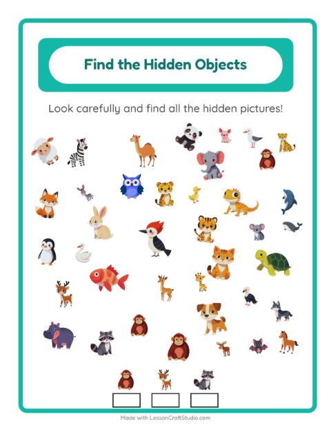 Preview of Find Objects worksheet featuring Animals for kindergarten