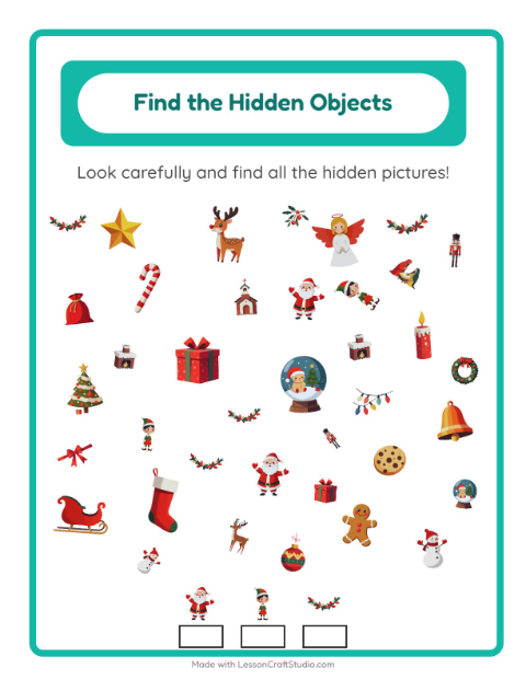 Preview of Find Objects worksheet featuring Christmas for kindergarten