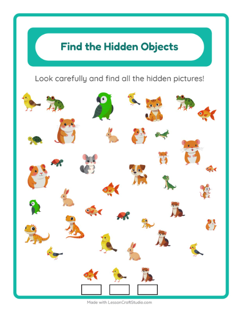 Preview of Find Objects worksheet featuring Pets for kindergarten