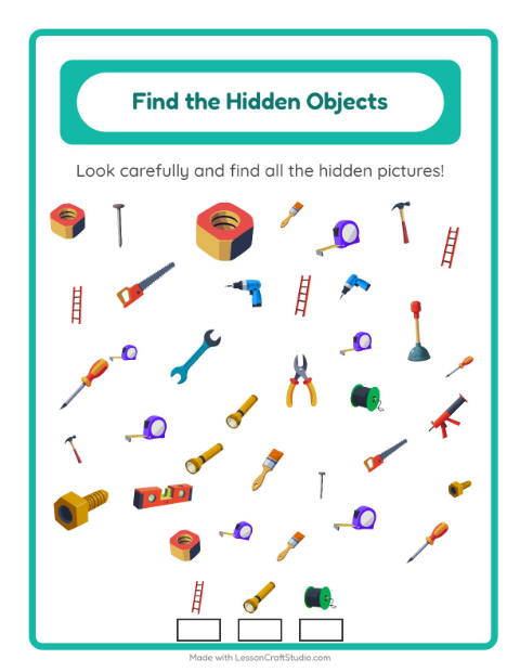 Preview of Find Objects worksheet featuring Tools for kindergarten