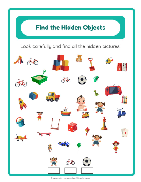 Preview of Find Objects worksheet featuring Toys for kindergarten