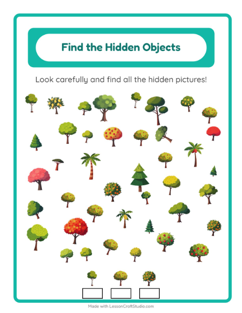 Preview of Find Objects worksheet featuring Trees for kindergarten
