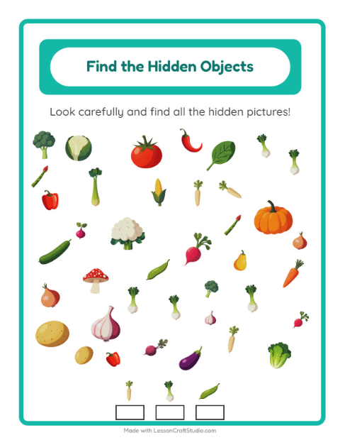 Preview of Find Objects worksheet featuring Vegetables for kindergarten