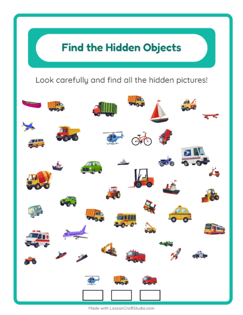 Preview of Find Objects worksheet featuring Vehicles for kindergarten