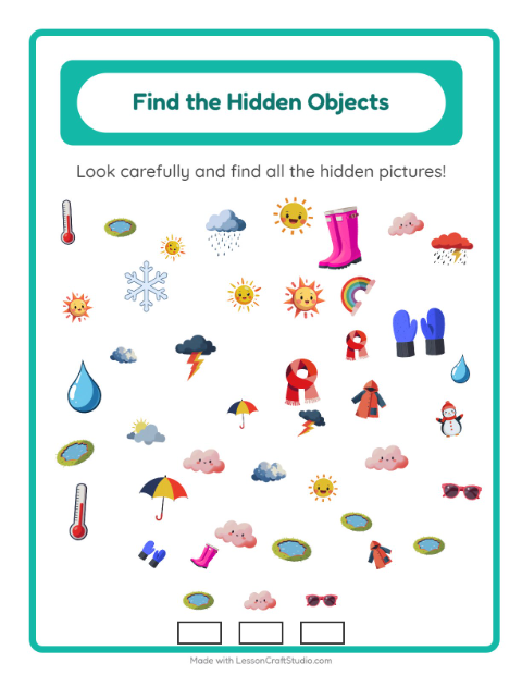 Preview of Find Objects worksheet featuring Weather for kindergarten