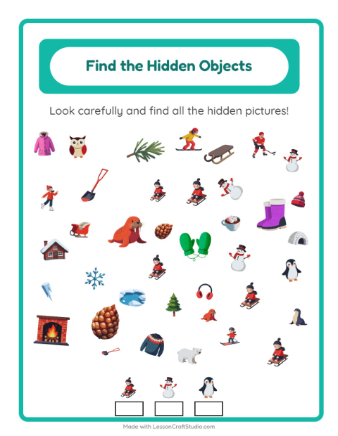 Preview of Find Objects worksheet featuring Winter for kindergarten