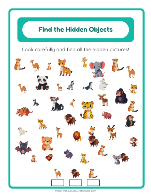 Preview of Find Objects worksheet featuring Zoo Animals for kindergarten