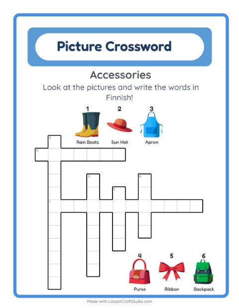 Preview of Learn Finnish: Accessories – Picture Crossword for Kids