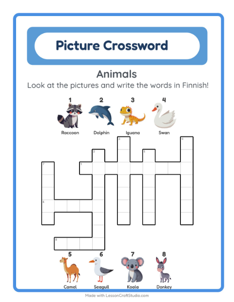 Preview of Learn Finnish: Animals – Picture Crossword for Kids