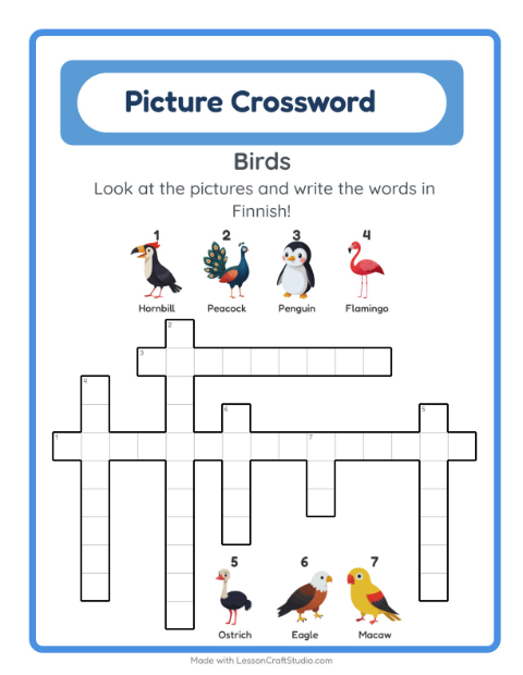 Preview of Learn Finnish: Birds – Picture Crossword for Kids
