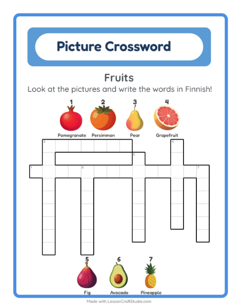 Preview of Learn Finnish: Fruits – Picture Crossword for Kids
