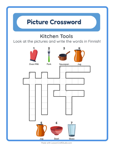 Preview of Learn Finnish: Kitchen Tools – Picture Crossword for Kids