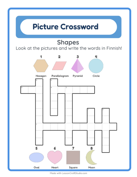 Preview of Learn Finnish: Shapes – Picture Crossword for Kids