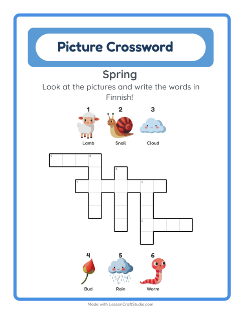 Preview of Learn Finnish: Spring – Picture Crossword for Kids