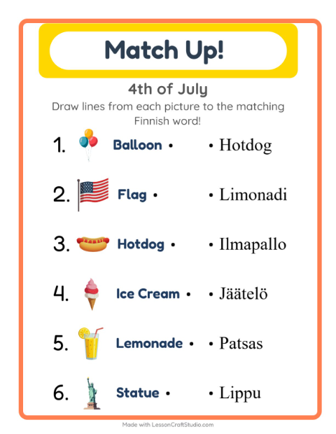 Picture-word match – Fourth of July Things