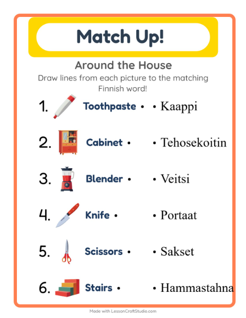 Preview of Learn Finnish: Household Things – Picture-Word Match for Kids
