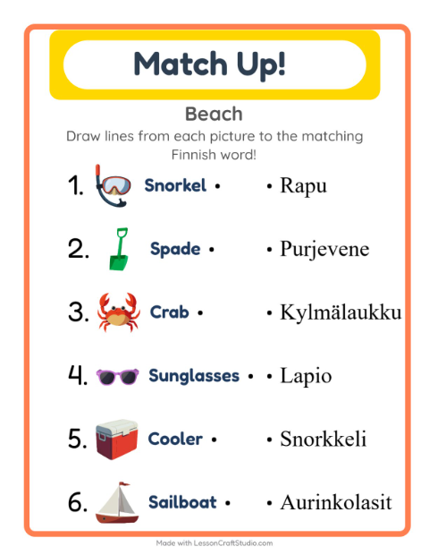 Picture-word match – Beach Things