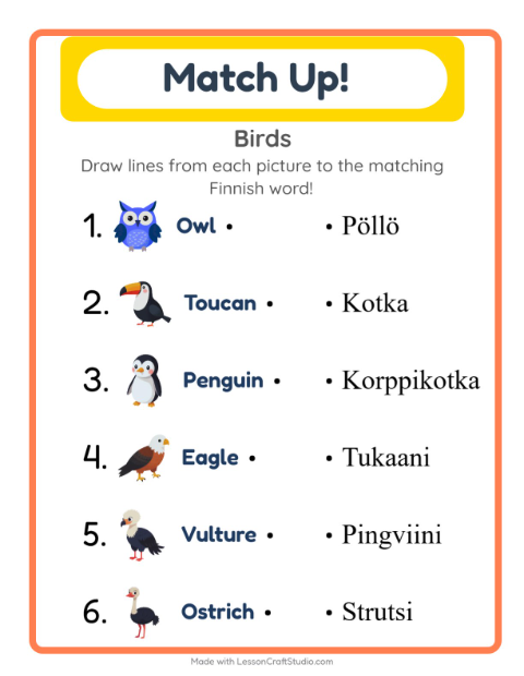 Preview of Learn Finnish: Birds – Picture-Word Match for Kids
