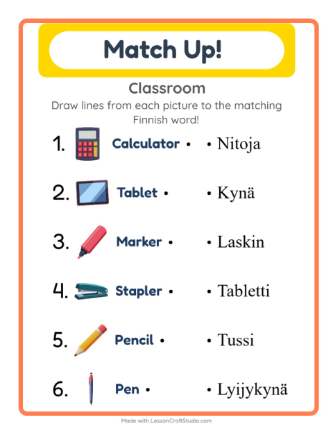 Picture-word match – Classroom Objects