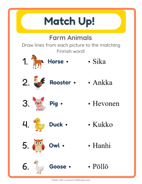 Picture-word match – Farm Animals