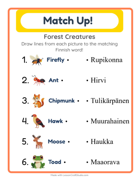 Picture-word match – Forest Creatures