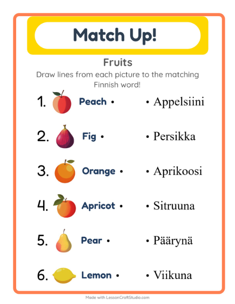 Preview of Learn Finnish: Fruits – Picture-Word Match for Kids