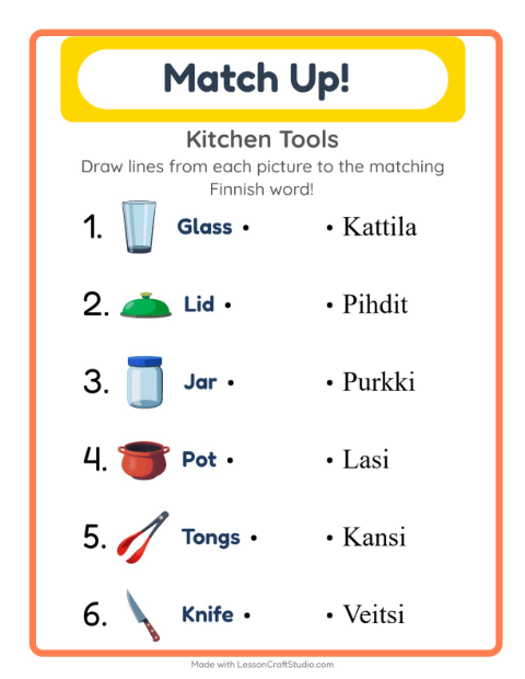 Preview of Learn Finnish: Kitchen Tools – Picture-Word Match for Kids