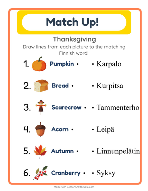 Picture-word match – Thanksgiving