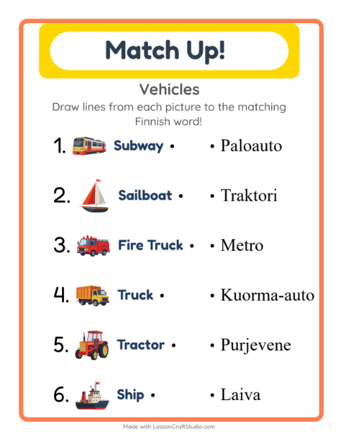 Picture-word match – Vehicles