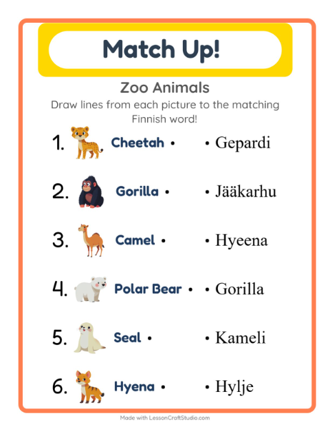 Picture-word match – Zoo Animals