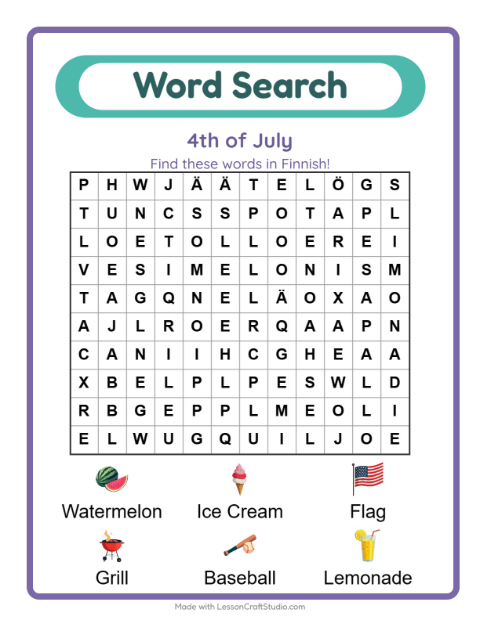 Picture word search – Fourth of July Things