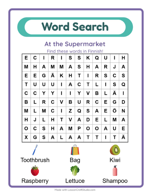 Preview of Shopping words in Finnish, hidden six to a grid