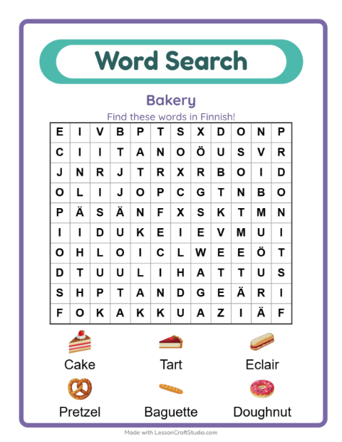 Picture word search – Bakery Treats