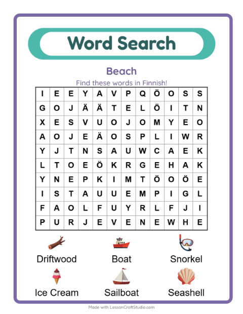 Picture word search – Beach Things