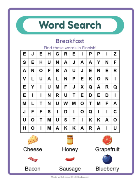Picture word search – Breakfast