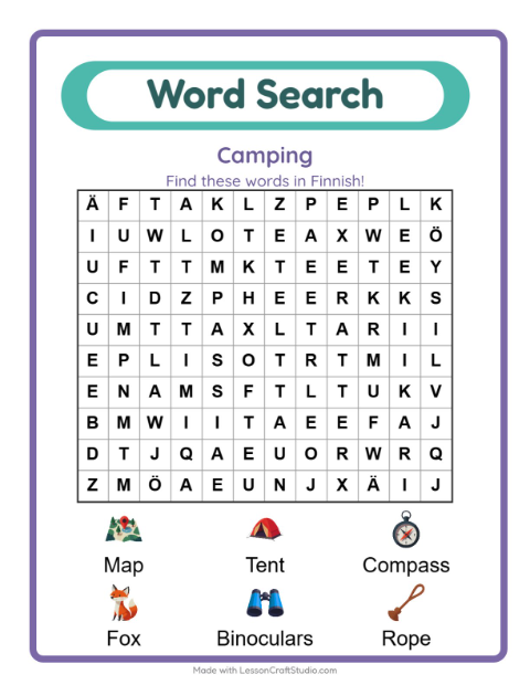 Picture word search – Camping Gear