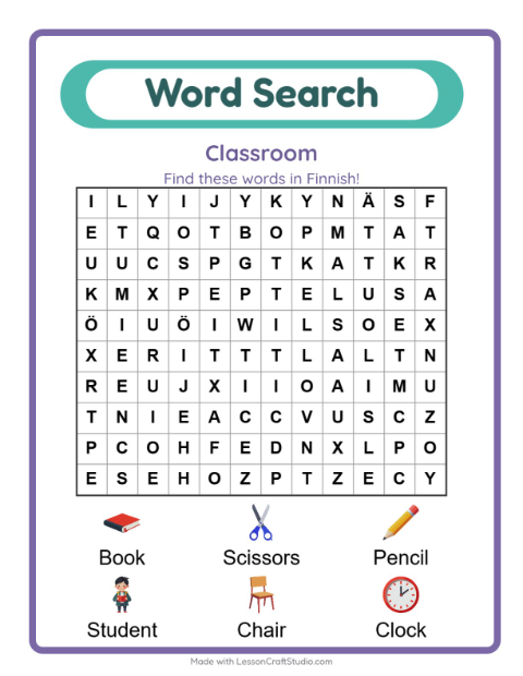 Picture word search – Classroom Objects