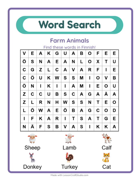 Picture word search – Farm Animals